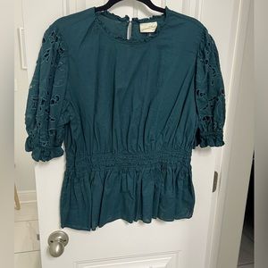 Universal thread green blouse with eyelet puff sleeves